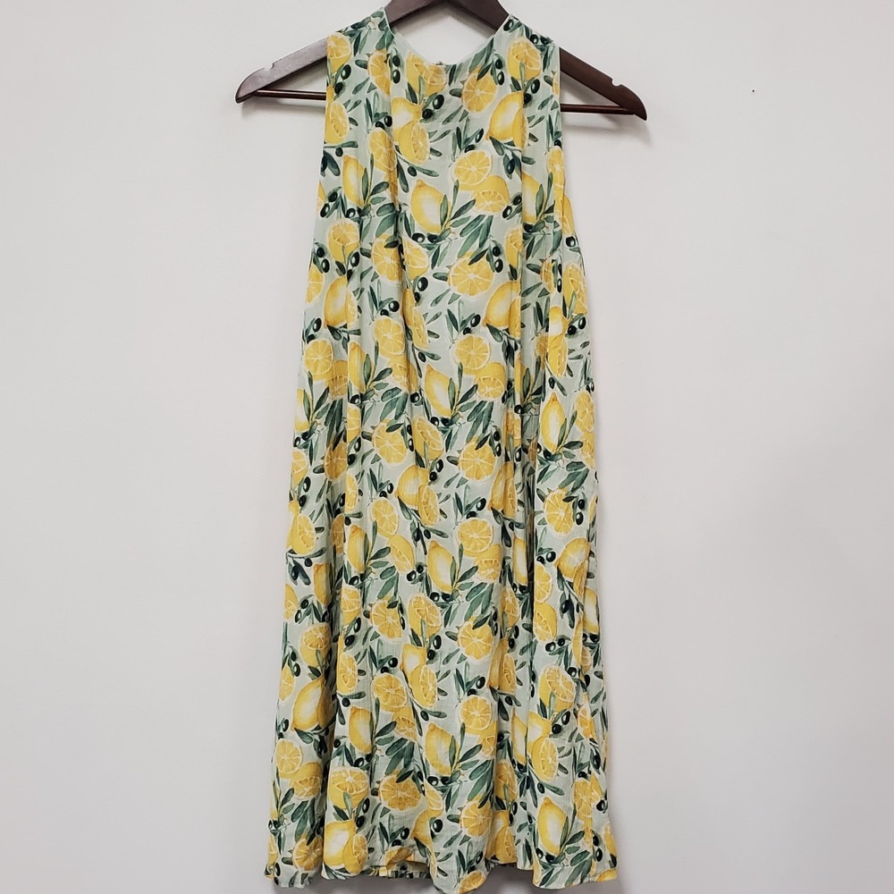 Abercrombie & Fitch Lemon Dress XL Tall Sleeveless High Neck Print Knee Yellow